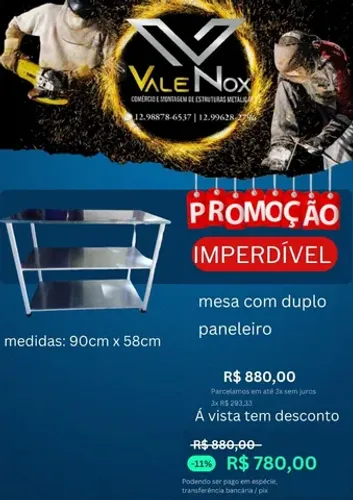 Mesa 90 cm X 58 cm de aço inox