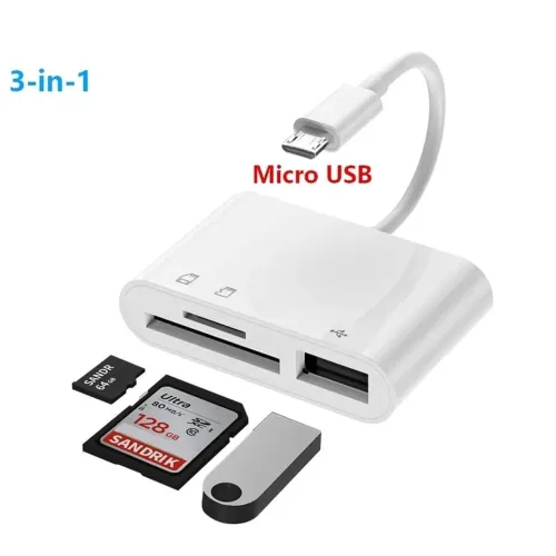Adaptador Leitor Cartão SD + USB 3 em 1 Micro USB