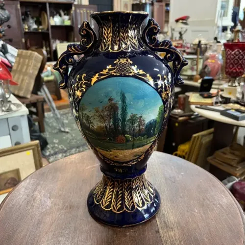 Vaso Porcelana Europeia Azul Cobalto Pinturas A Mão Ouro 24k