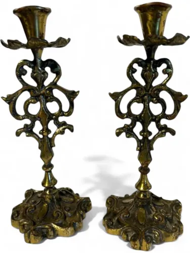 Par de Castiçais em Bronze Maciço - Estilo Rococó, 22,5 cm