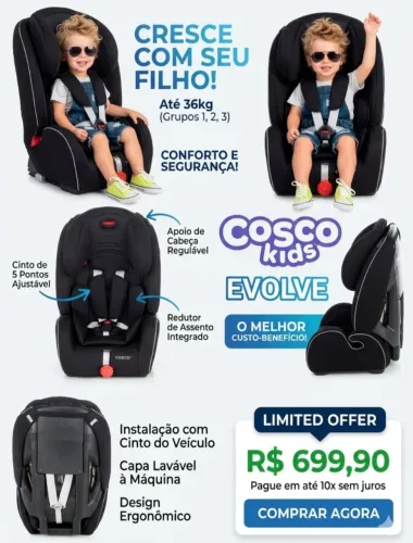 Cadeirinha de Auto Cosco Evolve 09 à 36kg Reclinável e Confortavel Mto Nova Completissima!