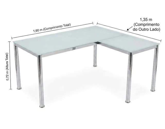 Mesa de vidro e pés em aço com medidas 1,60x1,35x0,72