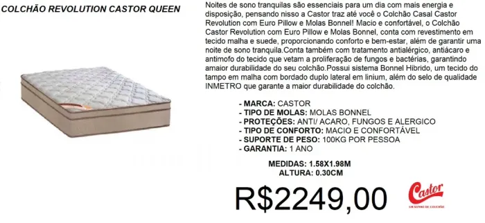 Colchão queen molas castor revolution - entrega gratuita