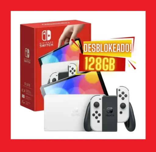Switch OLED Desbloqueado, 128 GB, completo na caixa, com vários jogos