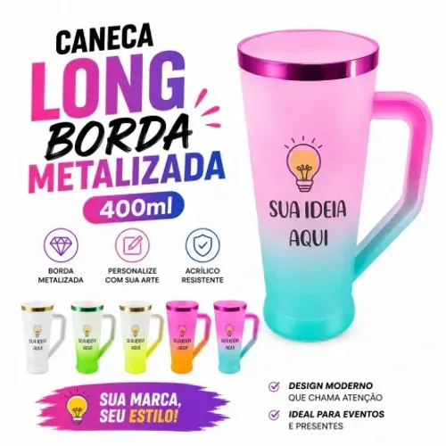 Caneca Personalizada Long Acrílica com Borda Metalizada 400ml