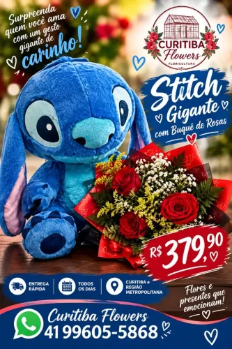 STITCH GIGANTE DE PELUCIA COM BUQUE DE ROSAS