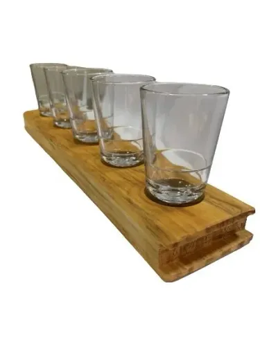 RÉGUA TÁBUA DE MADEIRA PARA BEBIDAS DEGUSTAÇÃO (CERVEJA, CHOPP, TEQUILA, ETC) - 5 COPOS