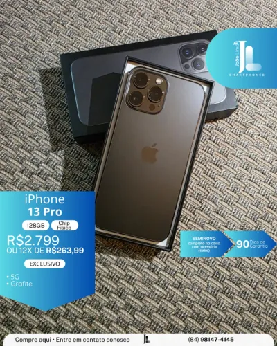 IPHONE 13 PRO, 5G, 128GB, CHIP FÍSICO, GRAFITE, SEMINOVO, EXCLUSIVO!
