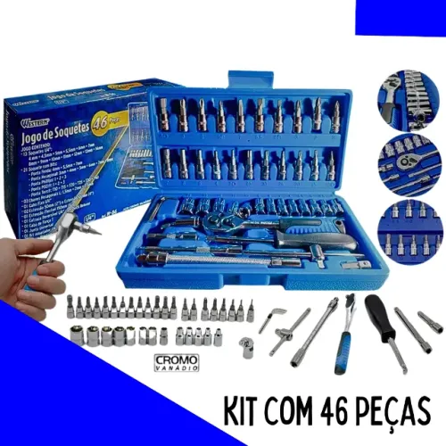 Kit Chaves Soquete Catraca Reversível 46 Pçs Maleta Aço Vanádio _ FE178