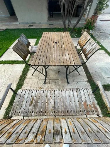 Conjunto de jardim mesa + cadeiras + banco madeira e ferro