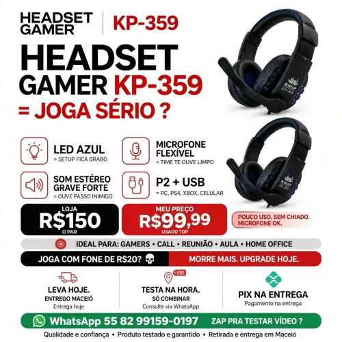 Headset Gamer Knup KP-359 Led Microfone Pc Ps4 Xbox R$99,99