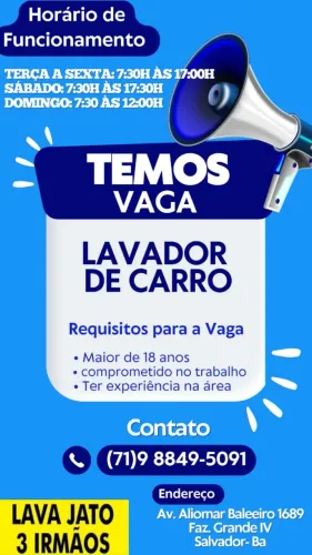 VAGA PARA LAVADOR DE AUTOMÓVEL