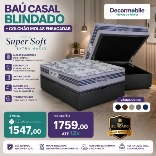 Baú casal blindado + Colchão Molas D33 super Soft extra macio paripa 1 ano garantia