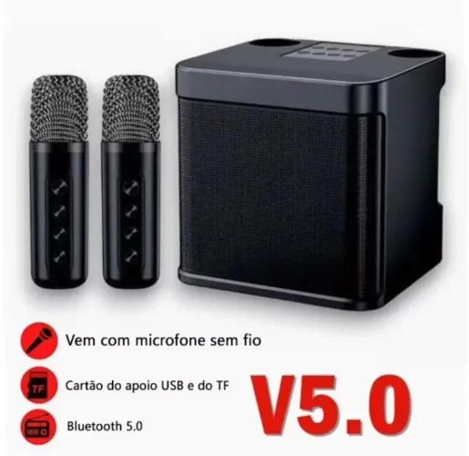 Caixa de som portátil karaokê com 2 microfones sem fio 