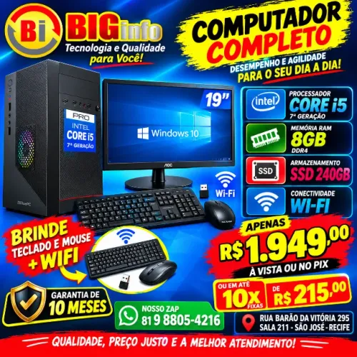 Computador Completo Intel i5 8 Geracao, 8GB Ddr4, SSD 256GB, Wifi Monitor 19 - Em ate 10x