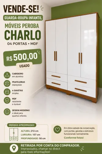 Guarda Roupa Infantil Moveis Peroba Charlo 04 portas MDF LS - Usado