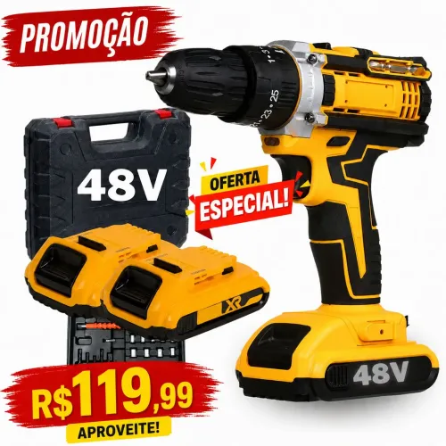 Parafusadeira Furadeira de Impacto a Bateria Recarregável Sem Fio 48V 2 Baterias Completa.