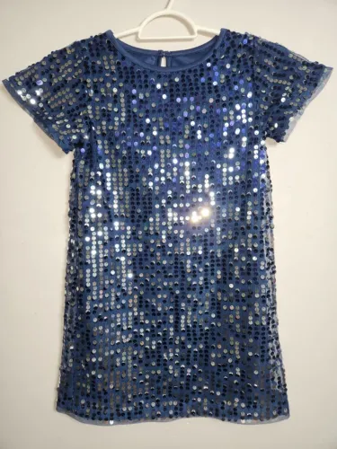 Vestido de Festa Infantil Azul Marinho com Lantejoulas Brilhantes - Tamanho 6/7