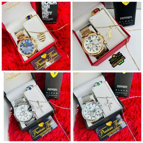 Kit masculino relógio passeio variados + cordão folheado e anel top