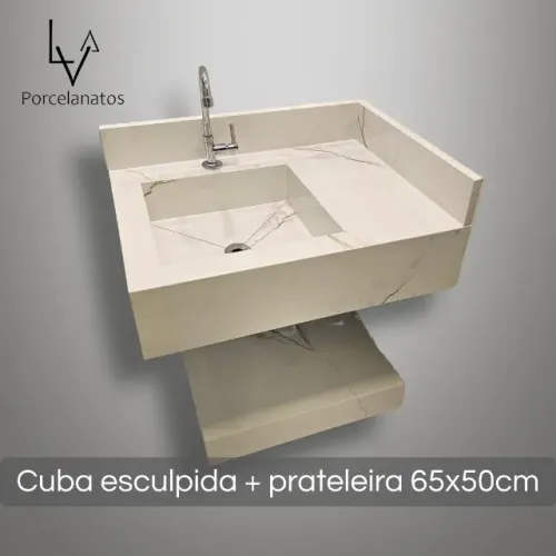 Pia porcelanato + prateleira p/ Banheiro Esculpida 