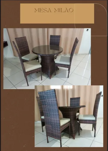 Mesa de Jantar Redonda com 4 Cadeiras em Fibra Sintética