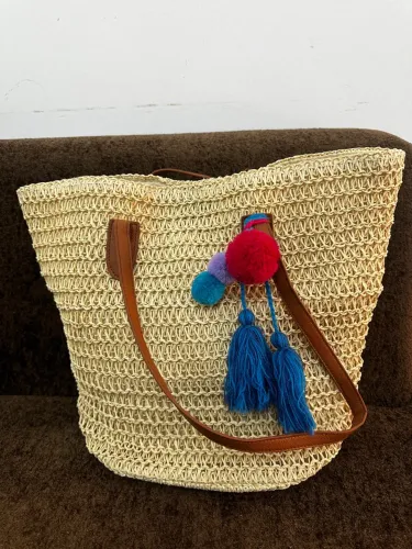Bolsa de Praia de Palha com Pompom