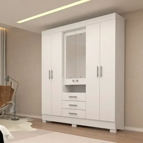 Guarda Roupa Débora Branco 6Pts C/ Espelho ACP - Entrega Rápida!