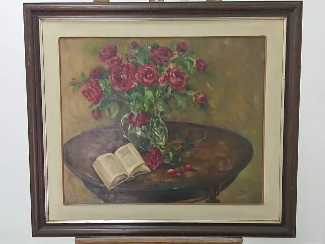Quadro Pintura Flores e Livro 60 cm X 50 cm