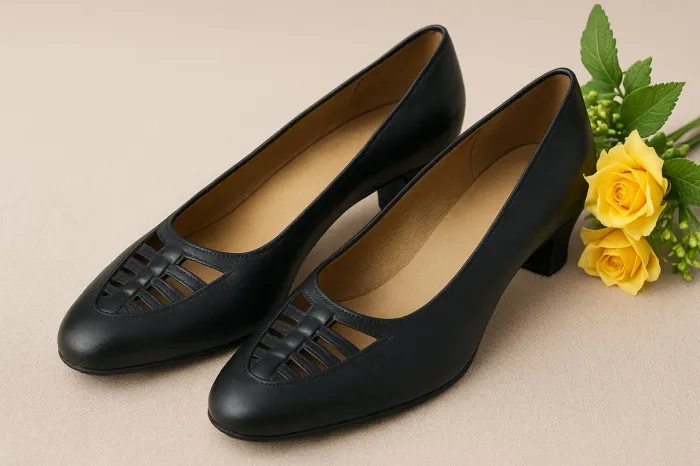 Sapato Social Feminino Couro Preto Salto Baixo Vintage