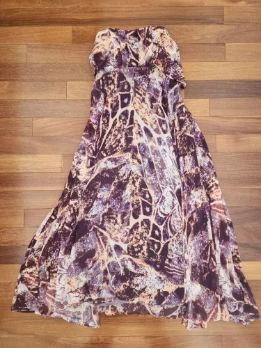 Vestido Longo Estampado Roxo e Bege