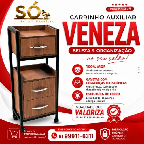 Carrinho Auxiliar Veneza Premium 100% MDF | Fabricação Própria para Salões de Beleza