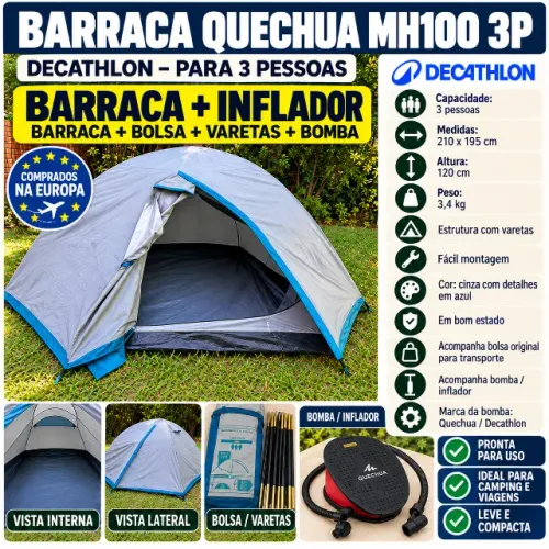 KIT CAMPING - BARRACA QUECHUA MH100 3P + INFLADOR Barraca: Quechua MH100 3P - Decathlon