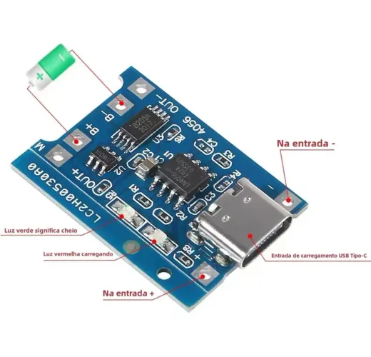Placa de carregamento USB-C para bateria de lítio