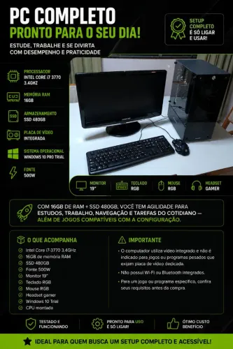 PC Completo Intel Core i7 3770 | 16GB RAM | SSD 480GB + Monitor 19? + Teclado e Mouse