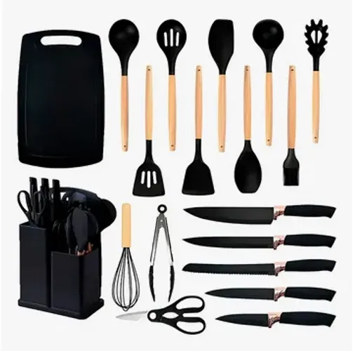 Kit Conjunto com 19 Peças Utensílios e Facas Cozinha de Madeira e Silicone z1543