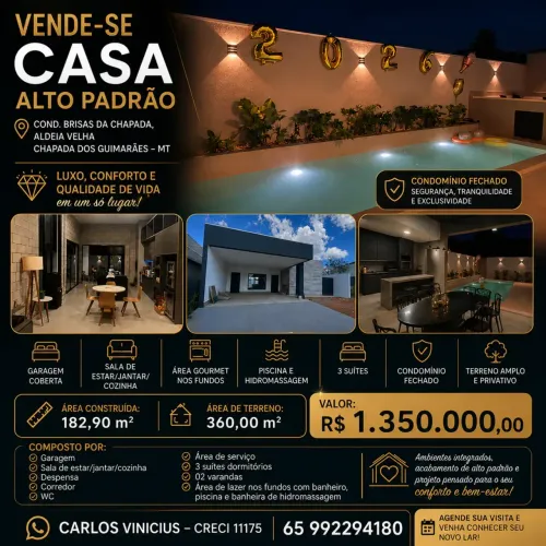 VENDE-SE CASA ALTO PADRÃO CONDOMÍNIO BRISAS DA CHAPADA