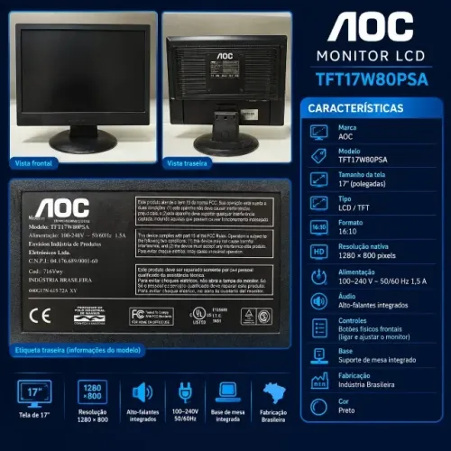Monitor AOC TFT17W80PSA 17 Polegadas VGA DVI com Som