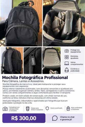 Mochila Fotográfica Easy para Câmera, Lentes e Acessórios