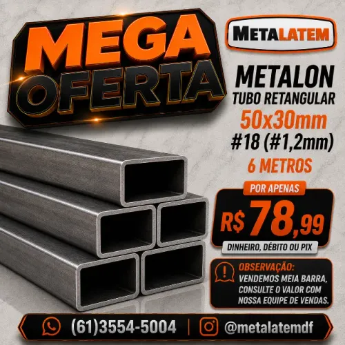 Metalon Tubo Retangular 50x30mm chapa #1 (#1,2mm) 6m