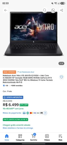 NITRO V15 GAMER COM RTX 3050 E 24GB RAM