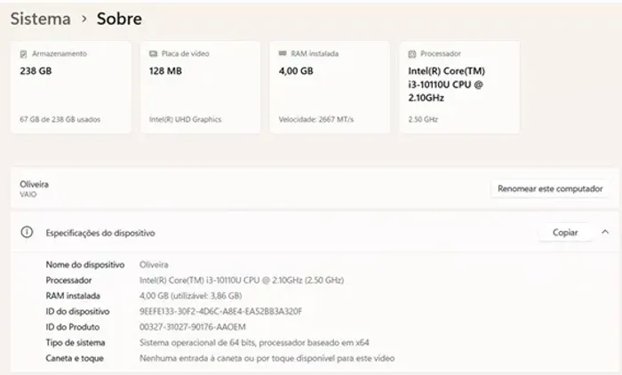 Note Vaio 15' 256GB SSD 4GB RAM