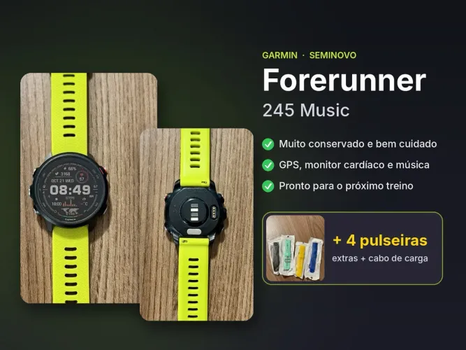GARMIN FORERUNNER 245 MUSIC | MUITO CONSERVADO + 5 PULSEIRAS + CABO