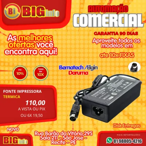 Fonte de Alimentação Impressora Térmica Elgin 24v 3a