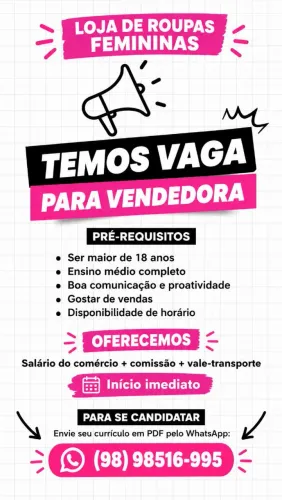 VAGA PARA VENDEDORA DISPONÍVEL (TROPICAL SHOPPING)<br>