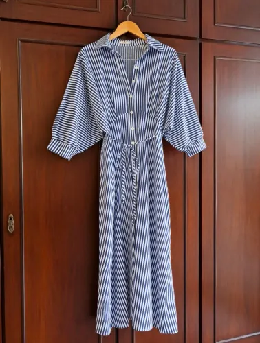 Vestido Chemise Listrado Azul Marinho e Branco - Midi - Talijú Tamanho G<br>