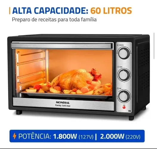 NOVO Forno Elétrico 60L 220v Family Grill Inox Mondial Preto/Inox 1800W FRN-60-BI