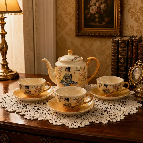 Conjunto de chá Japonês vintage em cerâmica casca de ovo.