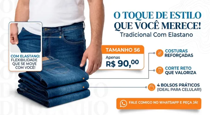 Calça Jeans Masculina Plus Size com Elastano Tamanho Disponível: 56