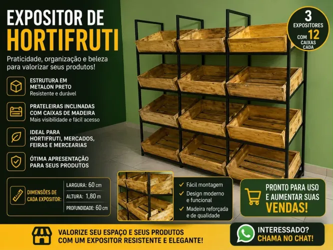 Kit com 3 Expositores Hortifruti em Metalon - 12 Caixas Cada
