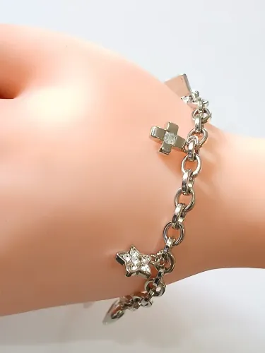 bracelete de prata acabamento em ouro branco com pingentes com cristais swarovski. tam 16 